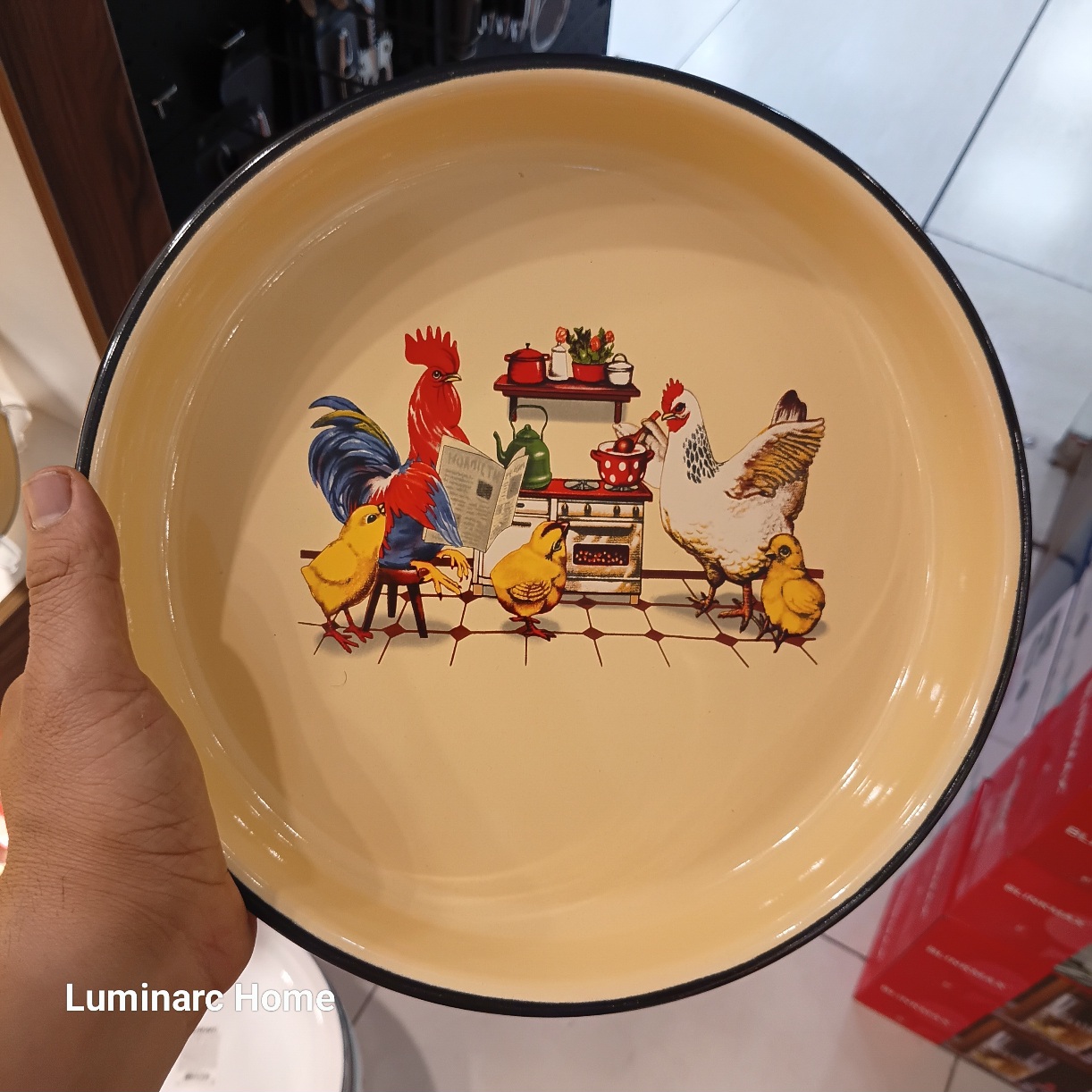دیس گرد لعابی روسی طرح خروس قطر ۲۸ سانتی‌متر
